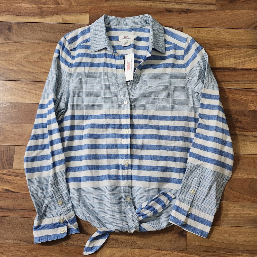 Vineyard Vines Womens Stripe Tie-Front Shirt Blue/White Size 12 Linen Button-Up - Picture 2 of 15